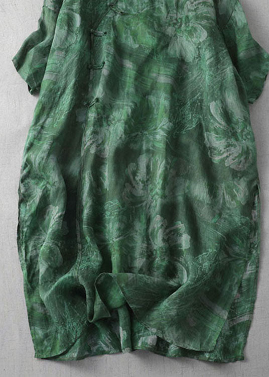 Green Print Patchwork Loose Linen Dresses V Neck Side Open Summer Ada Fashion
