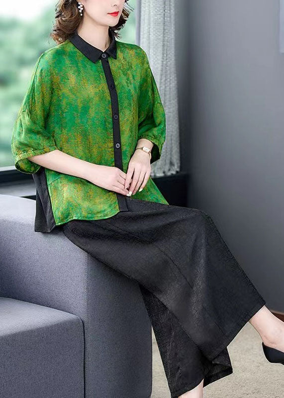 Green Print Patchwork Silk 2 Piece Outfit Shirts Tops And Pants Summer Ada Fashion