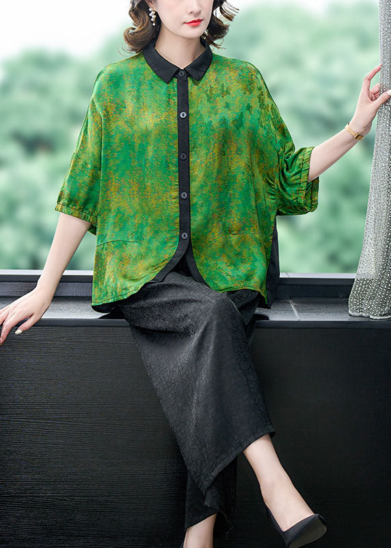 Green Print Patchwork Silk 2 Piece Outfit Shirts Tops And Pants Summer Ada Fashion