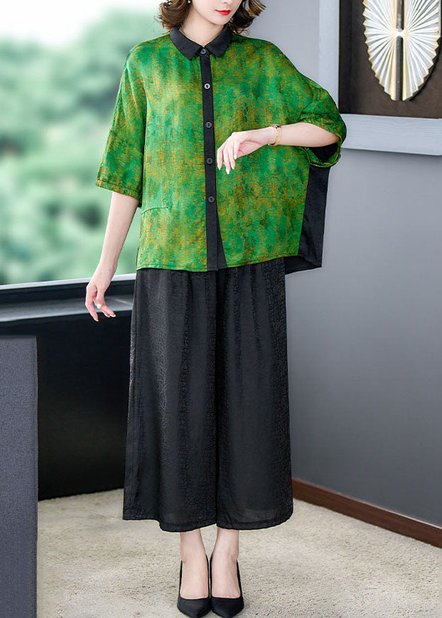 Green Print Patchwork Silk 2 Piece Outfit Shirts Tops And Pants Summer Ada Fashion