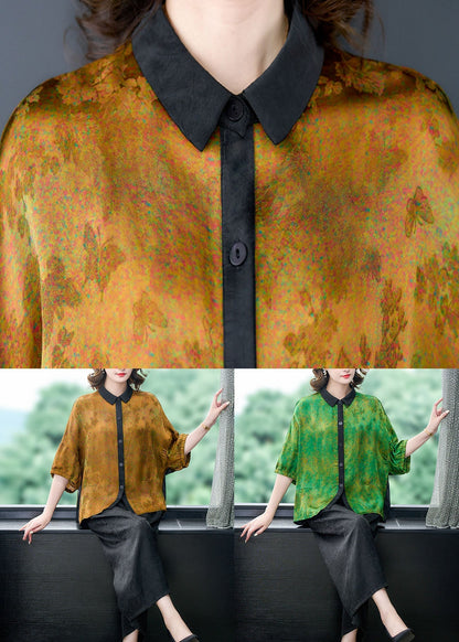 Green Print Patchwork Silk 2 Piece Outfit Shirts Tops And Pants Summer Ada Fashion