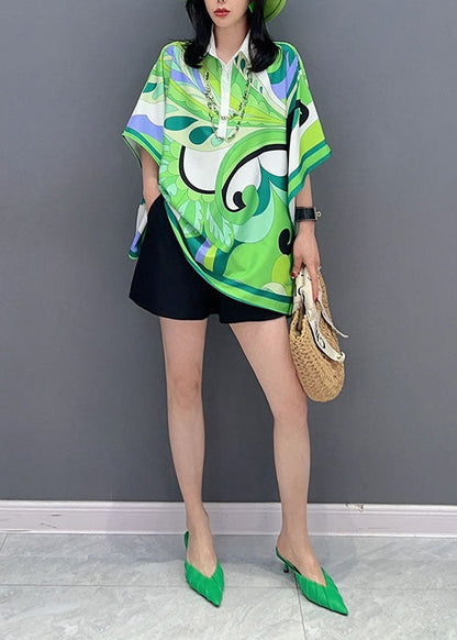 Green Print Patchwork Silk Blouse Tops Peter Pan Collar Summer LC0334 - fabuloryshop