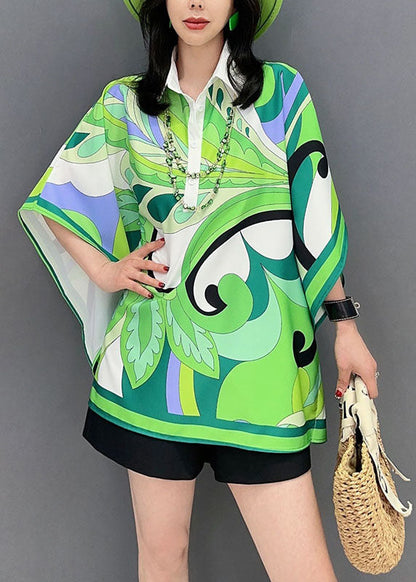 Green Print Patchwork Silk Blouse Tops Peter Pan Collar Summer LC0334 - fabuloryshop