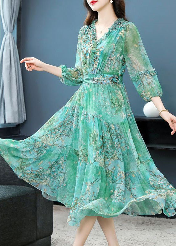 Green Print Patchwork Silk Dress Ruffled Lantern Sleeve TI1001