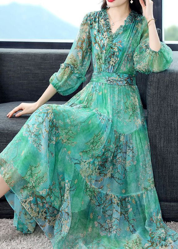 Green Print Patchwork Silk Dress Ruffled Lantern Sleeve TI1001 - fabuloryshop