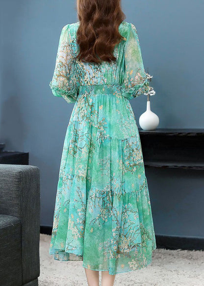 Green Print Patchwork Silk Dress Ruffled Lantern Sleeve TI1001 - fabuloryshop