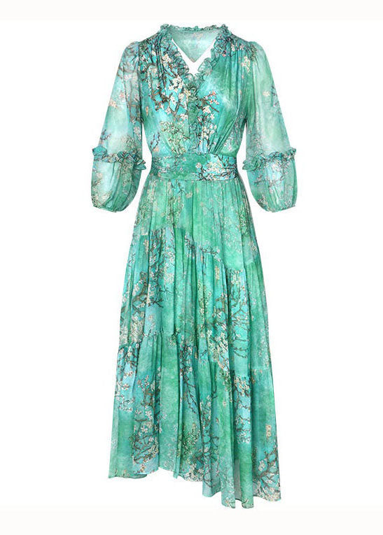 Green Print Patchwork Silk Dress Ruffled Lantern Sleeve TI1001 - fabuloryshop