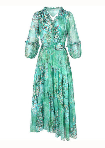 Green Print Patchwork Silk Dress Ruffled Lantern Sleeve LY4490 - fabuloryshop