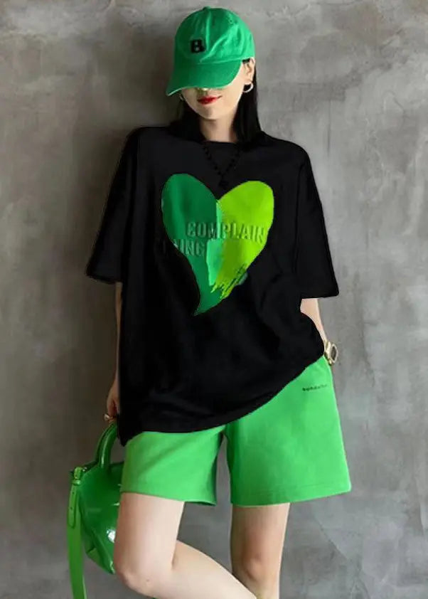 Green Print Patchwork Tops And Shorts Cotton Two-Piece Set O-Neck Short Sleeve Ada Fashion