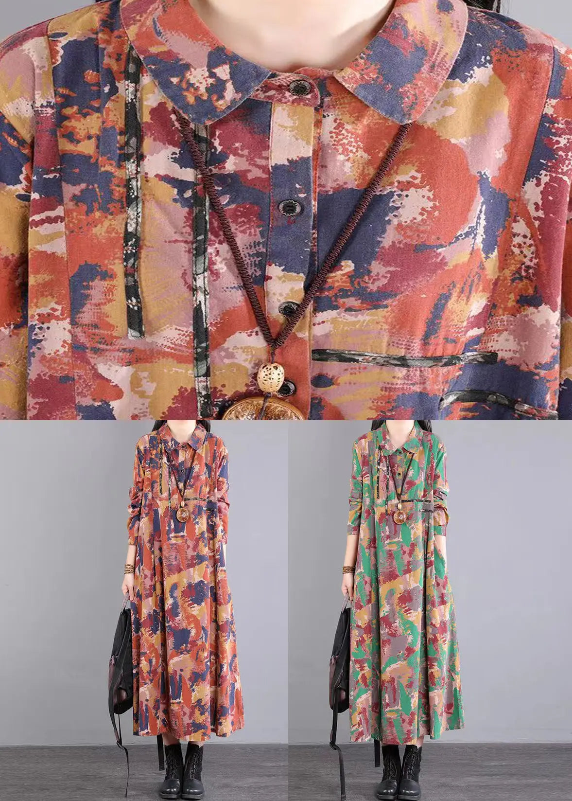 Green Print Pockets Patchwork Cotton Long Dress Peter Pan Collar Fall Ada Fashion