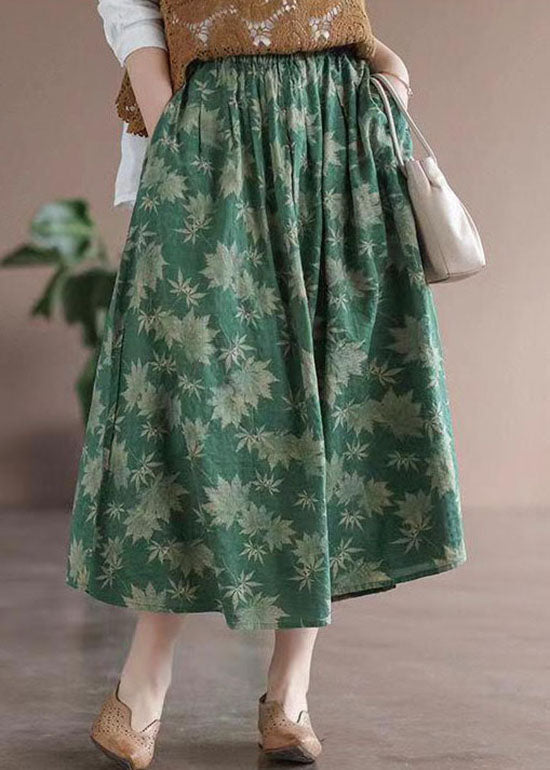 Green Print Pockets Patchwork Cotton Skirts Wrinkled Summer Ada Fashion