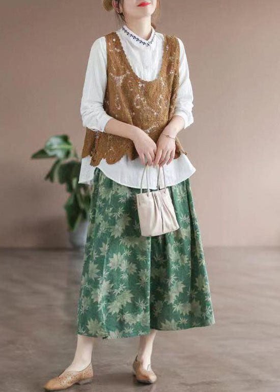 Green Print Pockets Patchwork Cotton Skirts Wrinkled Summer Ada Fashion