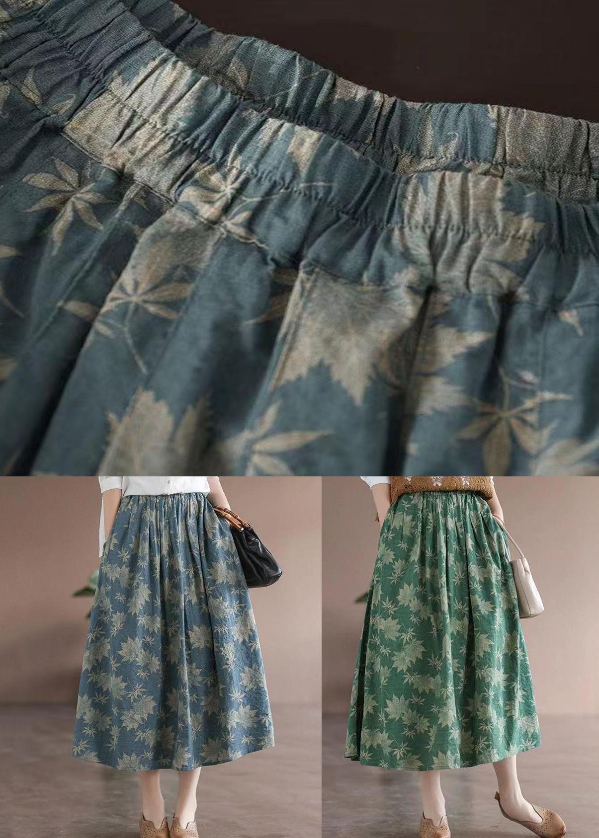 Green Print Pockets Patchwork Cotton Skirts Wrinkled Summer Ada Fashion