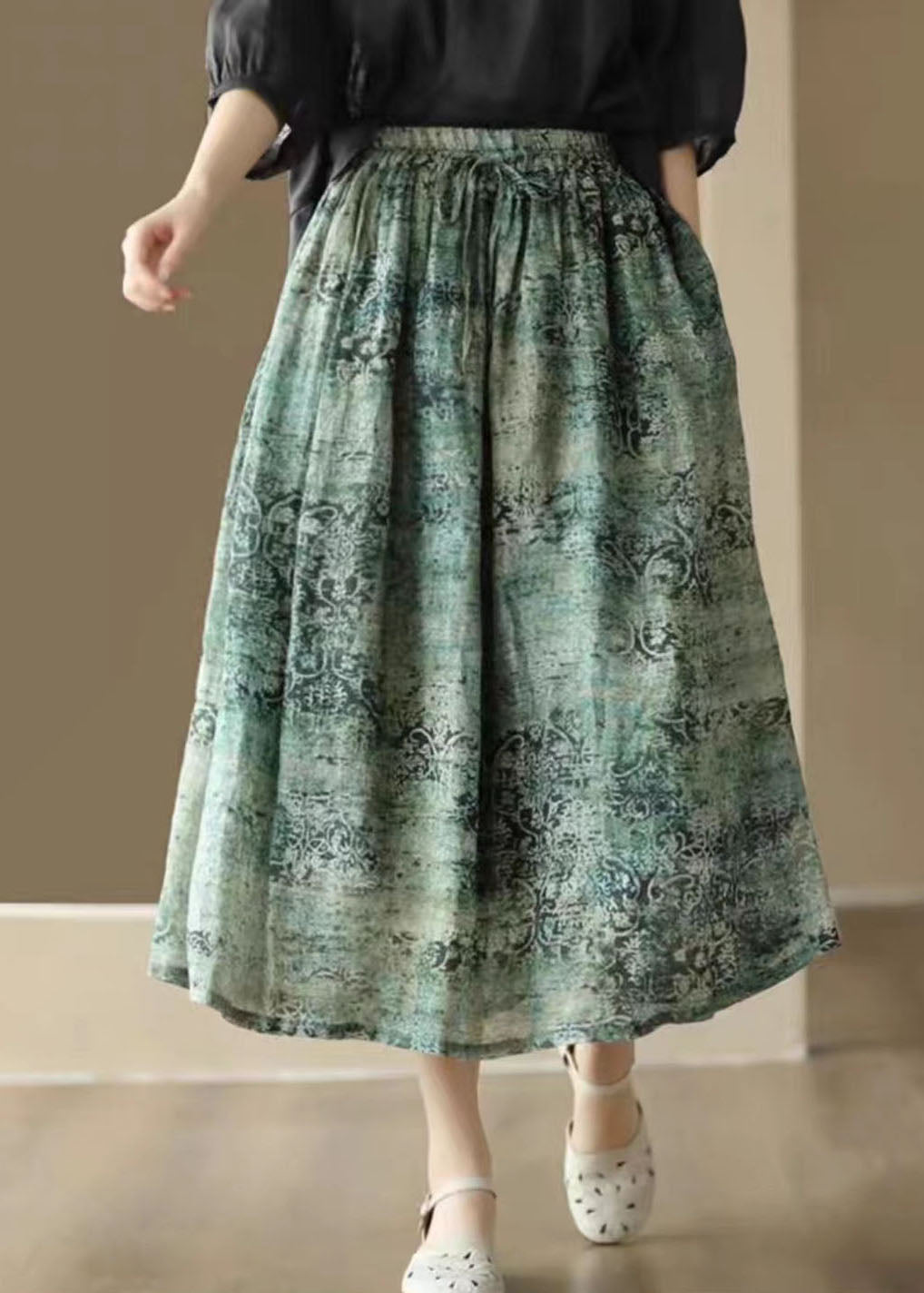 Green Print Pockets Patchwork Linen Skirts Wrinkled Summer Ada Fashion