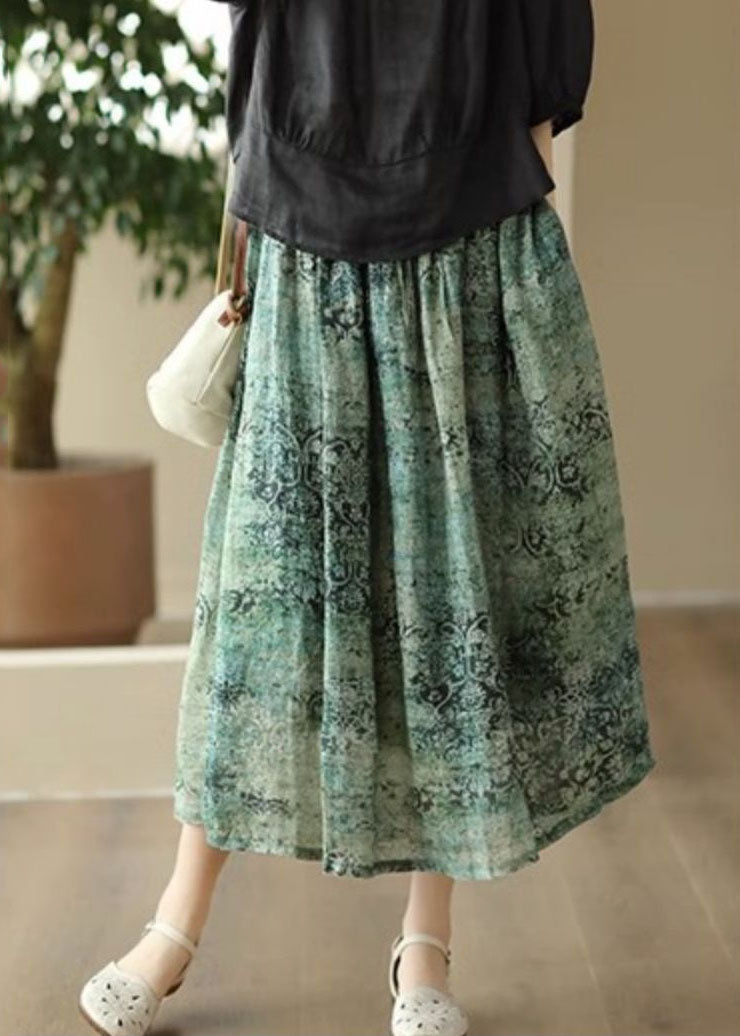 Green Print Pockets Patchwork Linen Skirts Wrinkled Summer Ada Fashion