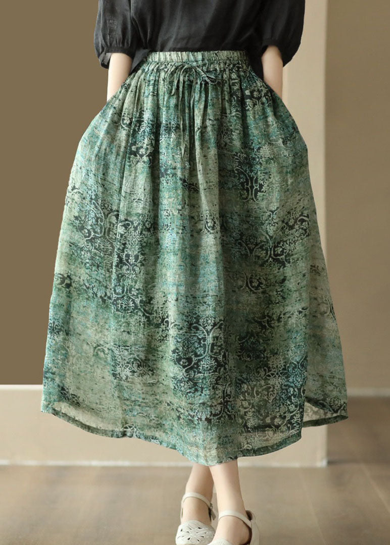 Green Print Pockets Patchwork Linen Skirts Wrinkled Summer Ada Fashion