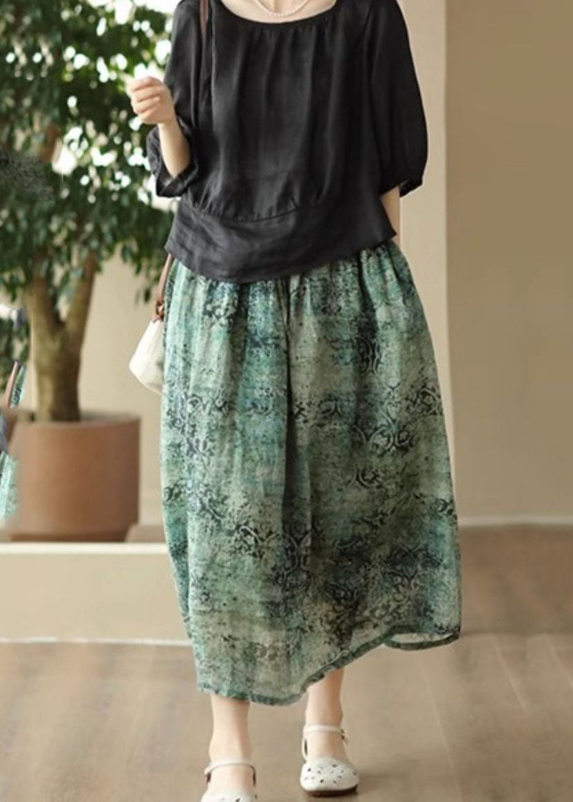 Green Print Pockets Patchwork Linen Skirts Wrinkled Summer Ada Fashion