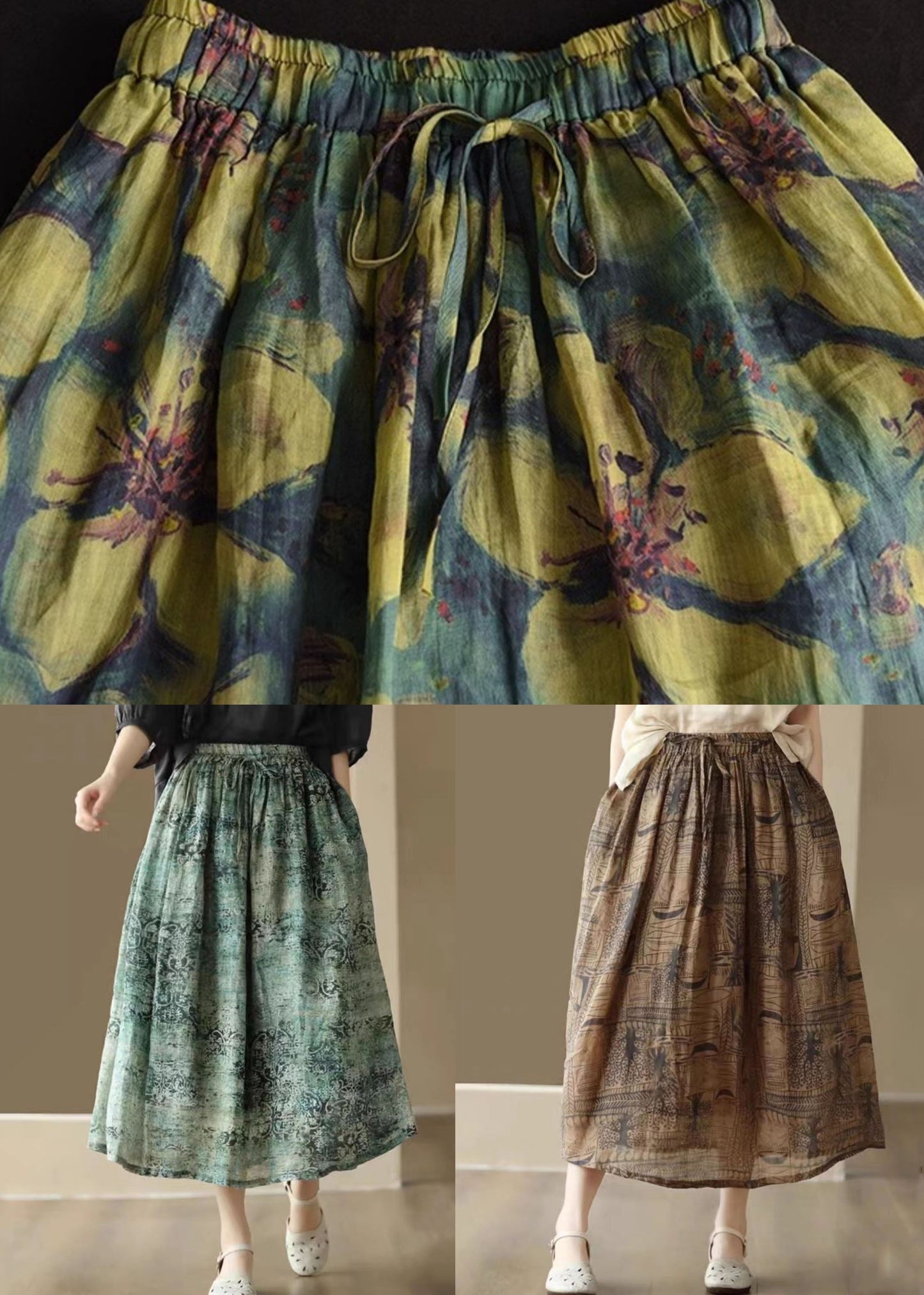 Green Print Pockets Patchwork Linen Skirts Wrinkled Summer Ada Fashion