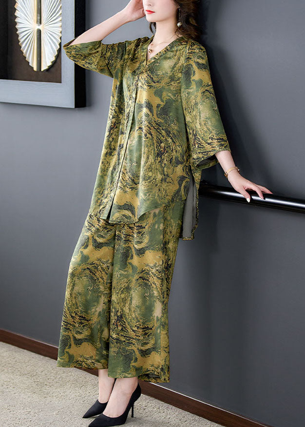 Green Print Pockets Silk Women Sets 2 Pieces Tops And Pants V Neck Summer LY5898 - fabuloryshop