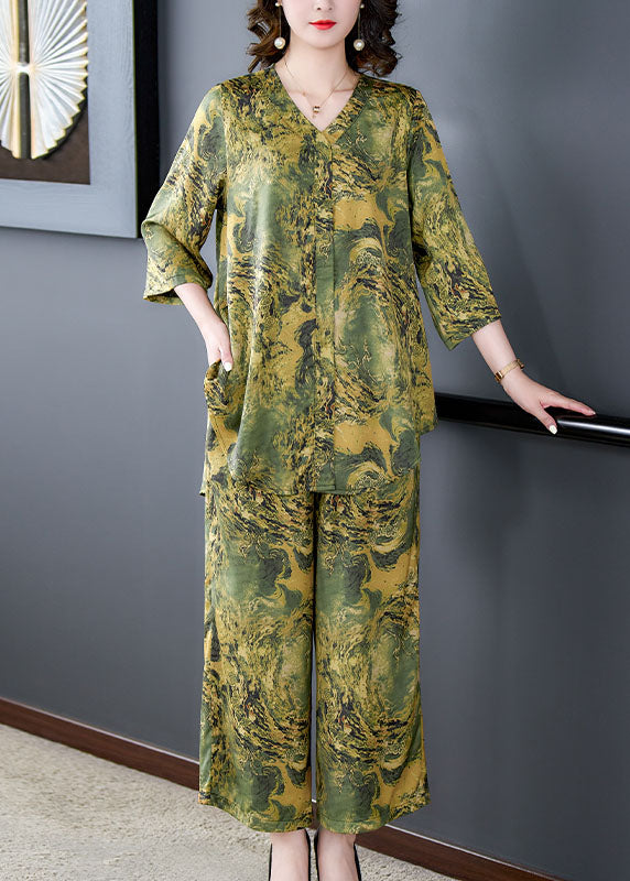 Green Print Pockets Silk Women Sets 2 Pieces Tops And Pants V Neck Summer LY5898 - fabuloryshop