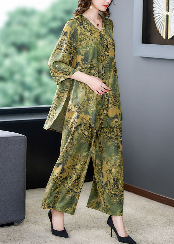 Green Print Pockets Silk Women Sets 2 Pieces Tops And Pants V Neck Summer LY5898 - fabuloryshop