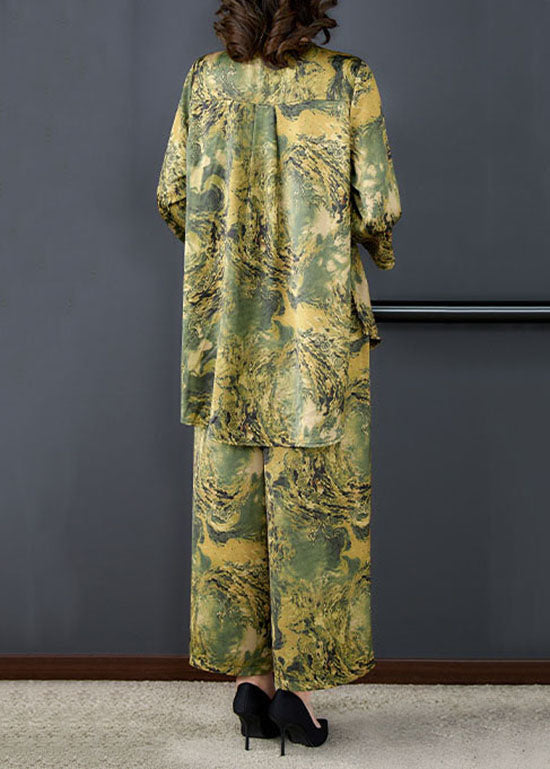 Green Print Pockets Silk Women Sets 2 Pieces Tops And Pants V Neck Summer LY5898 - fabuloryshop