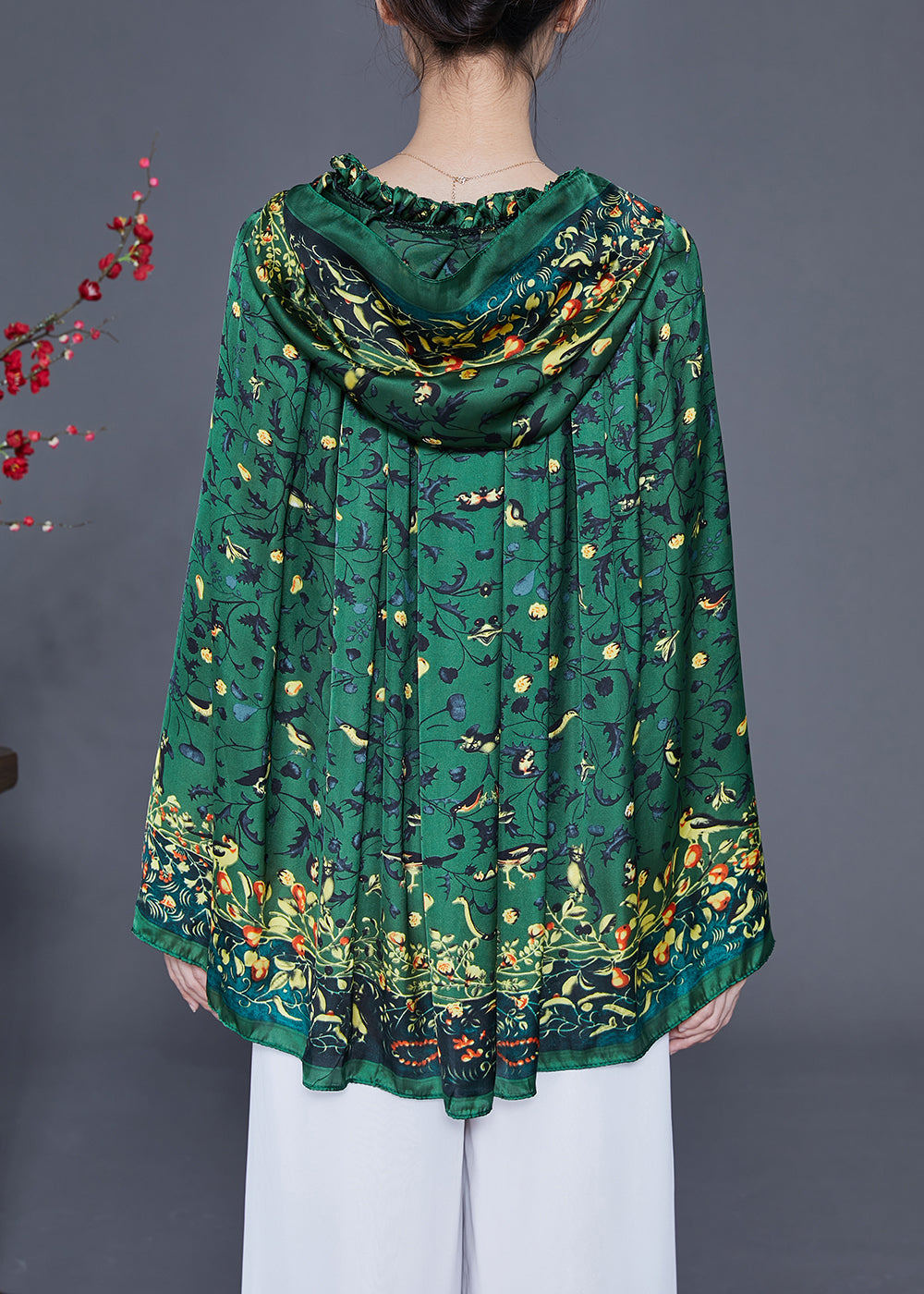 Green Print Silk Shawl Hooded LY2357 - fabuloryshop