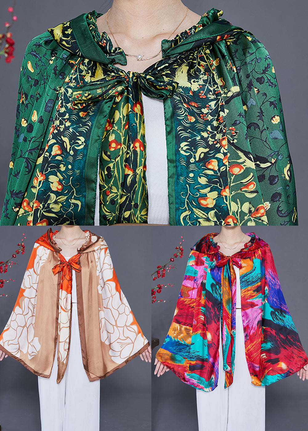 Green Print Silk Shawl Hooded LY2357 - fabuloryshop