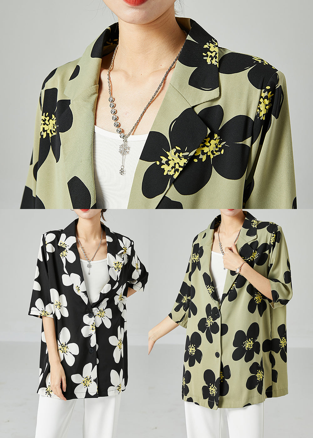 Green Print Silk Shirts Oversized Turn-down Collar Short Sleeve LY2446 - fabuloryshop
