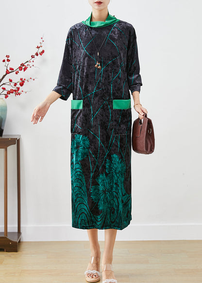 Green Print Silk Velour Maxi Dresses Turtle Neck Half Sleeve Ada Fashion