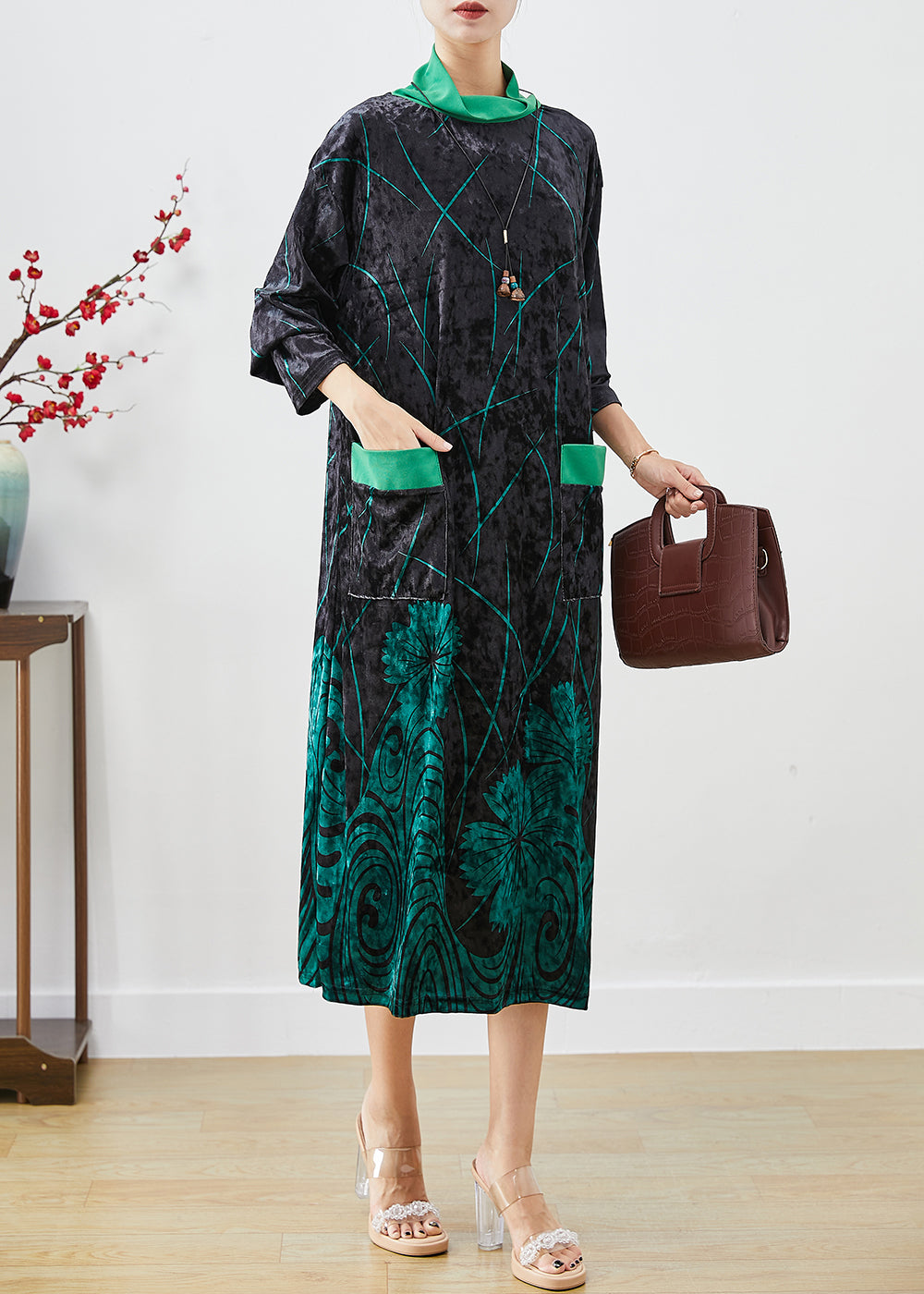 Green Print Silk Velour Maxi Dresses Turtle Neck Half Sleeve Ada Fashion