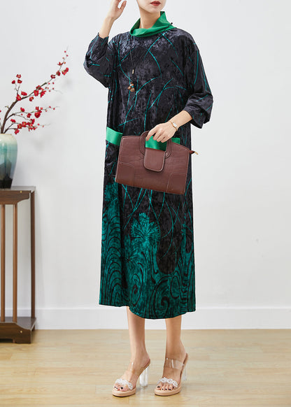 Green Print Silk Velour Maxi Dresses Turtle Neck Half Sleeve Ada Fashion