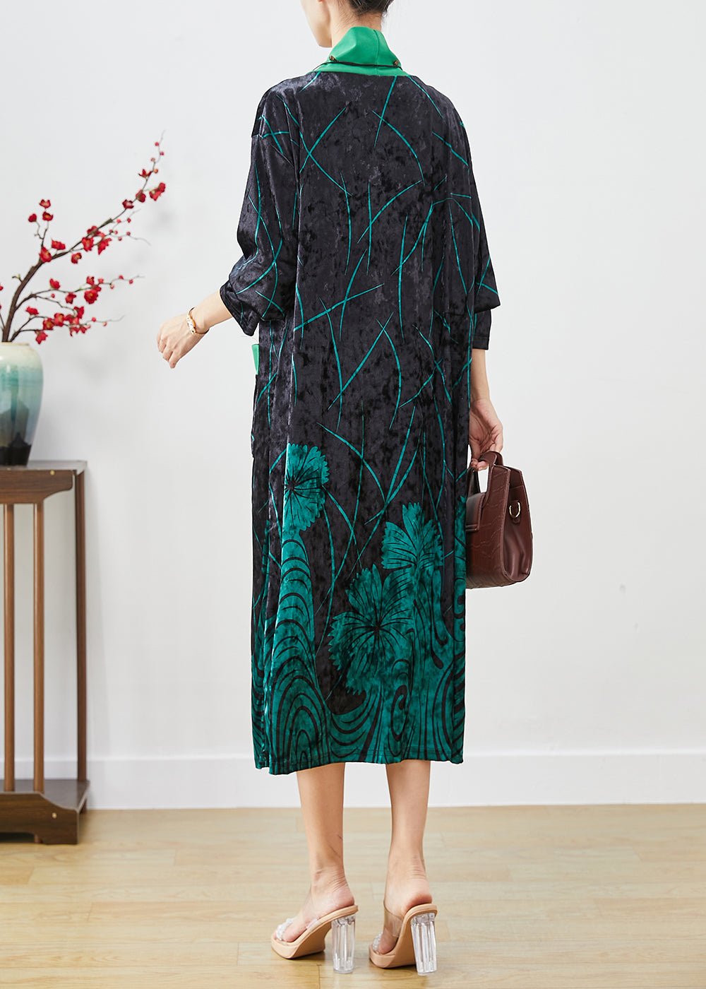 Green Print Silk Velour Maxi Dresses Turtle Neck Half Sleeve Ada Fashion