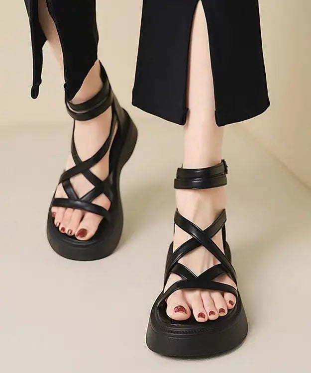 Green Sandals Platform Faux Leather Handmade Splicing Cross Strap Ada Fashion