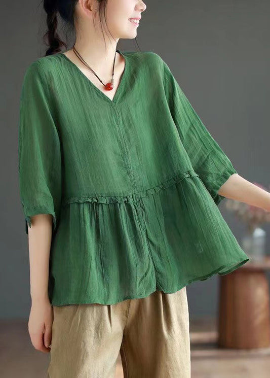 Green Side Open Patchwork Linen Top V Neck Half Sleeve Ada Fashion