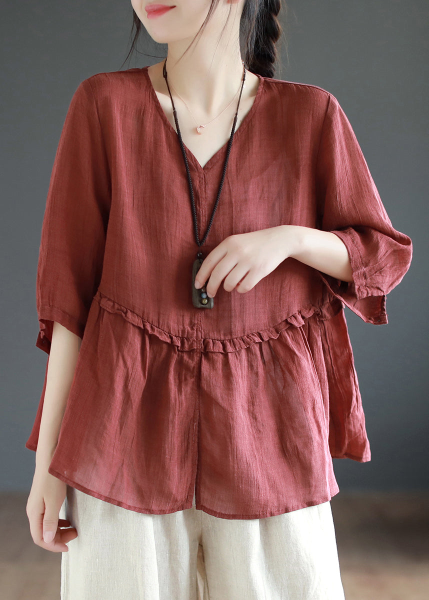 Green Side Open Patchwork Linen Top V Neck Half Sleeve Ada Fashion