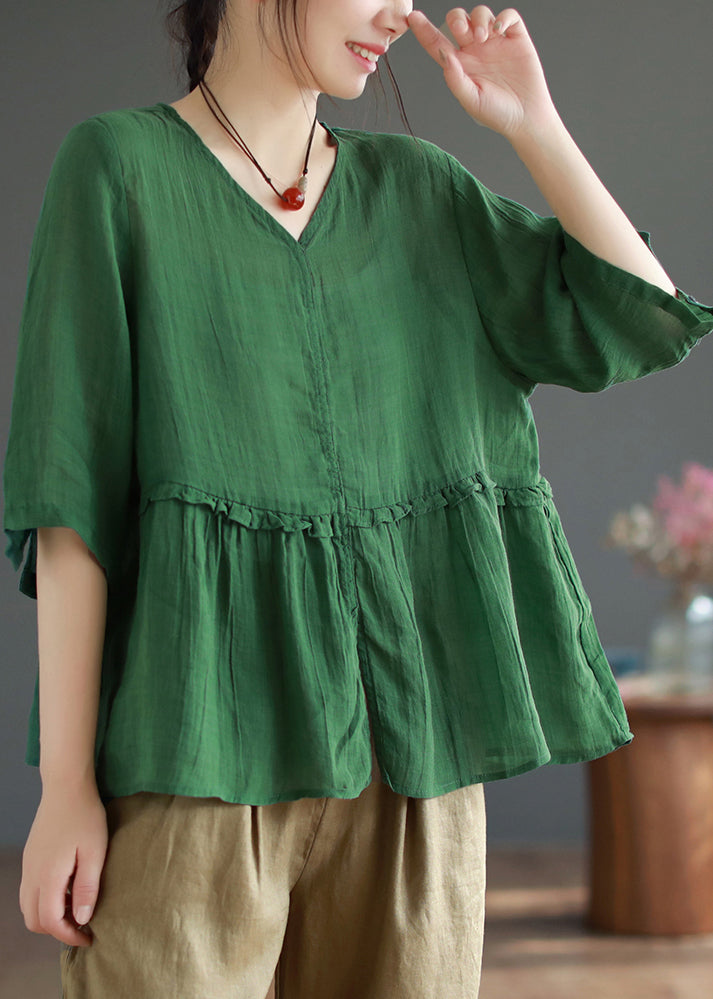 Green Side Open Patchwork Linen Top V Neck Half Sleeve Ada Fashion