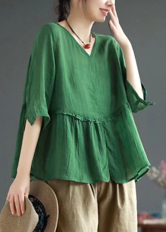 Green Side Open Patchwork Linen Top V Neck Half Sleeve Ada Fashion