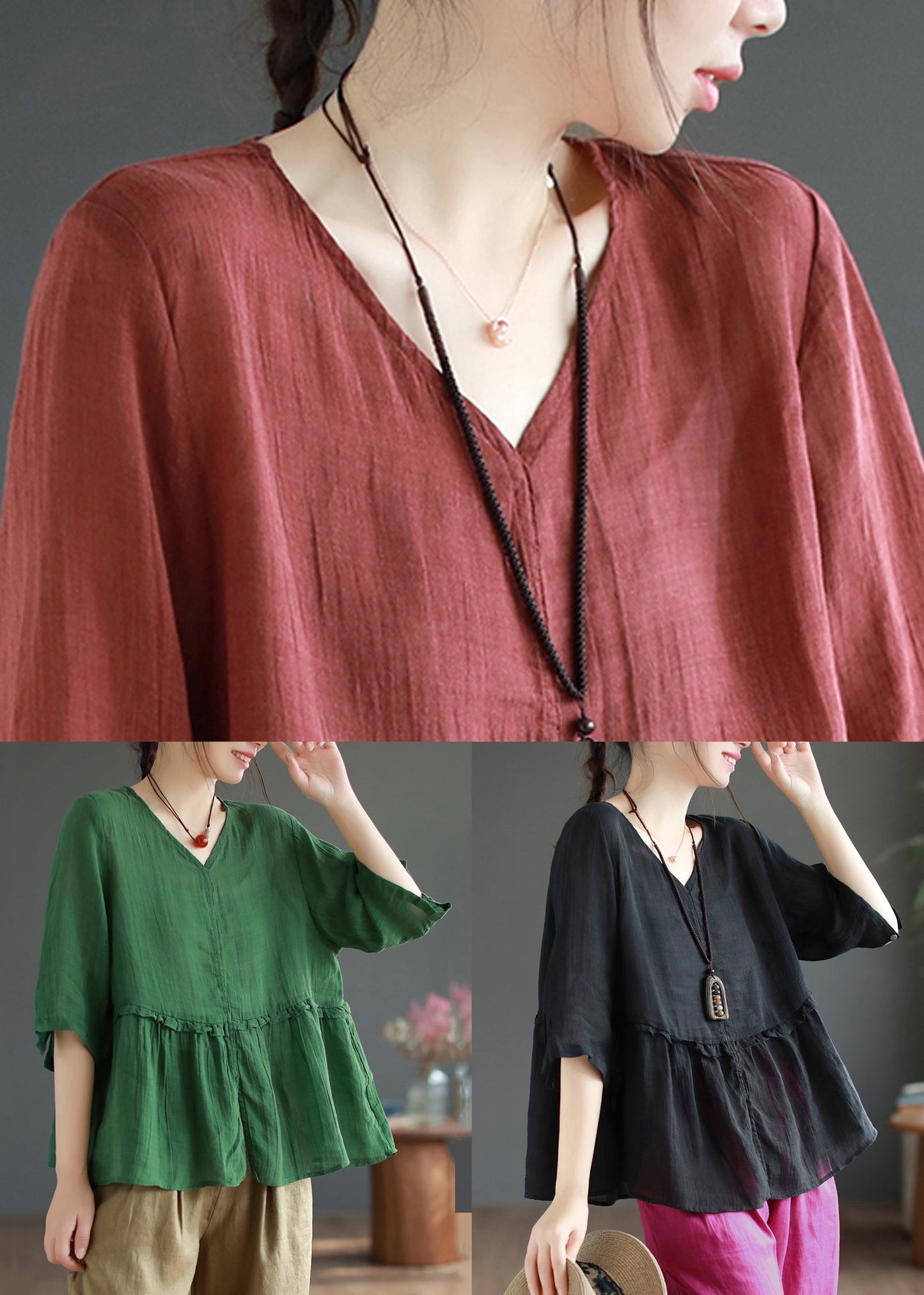 Green Side Open Patchwork Linen Top V Neck Half Sleeve Ada Fashion