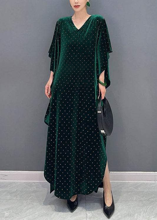 Green Side Open Patchwork Velour Long Dress V Neck Batwing Sleeve Ada Fashion