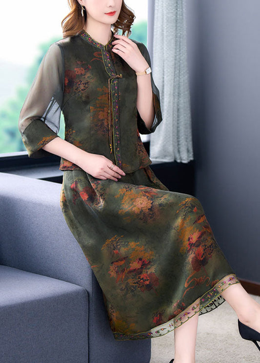 Green Silk Two Pieces Set Stand Collar Print Wrinkled Tasseled Summer LC0274 - fabuloryshop