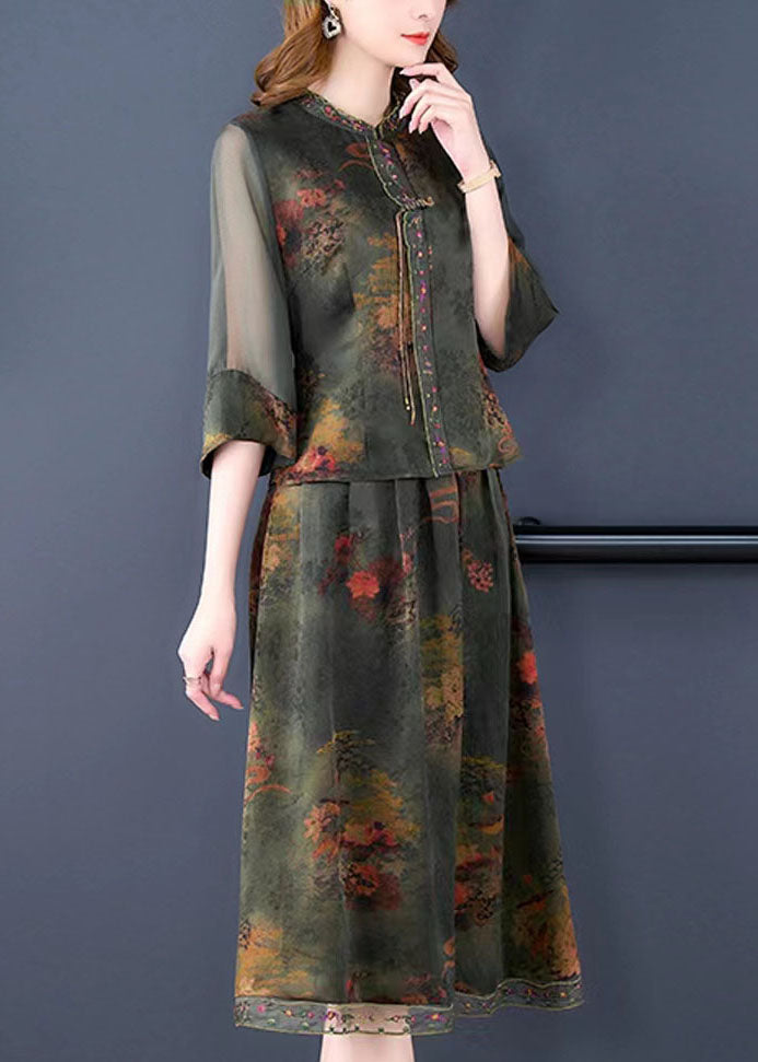 Green Silk Two Pieces Set Stand Collar Print Wrinkled Tasseled Summer LC0274 - fabuloryshop