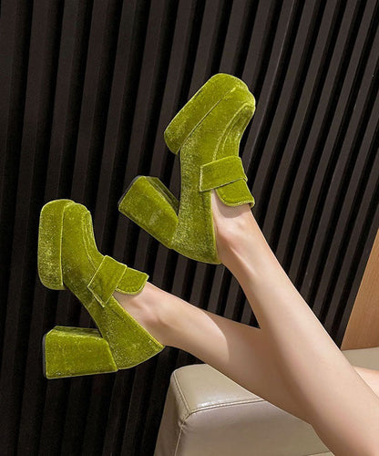 Green Silk Velour Retro Splicing Chunky High Heels LY1785 - fabuloryshop