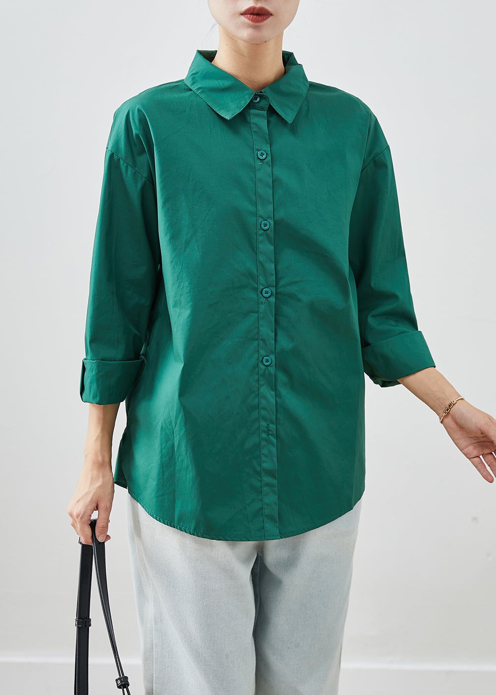 Green Silm Fitn Cotton Shirt Tops Peter Pan Collar Fall Ada Fashion