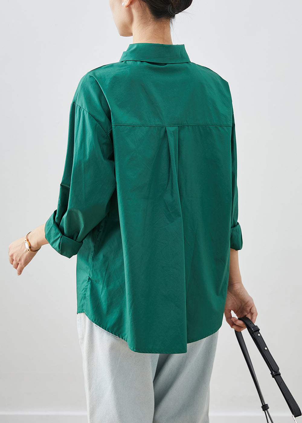 Green Silm Fitn Cotton Shirt Tops Peter Pan Collar Fall Ada Fashion