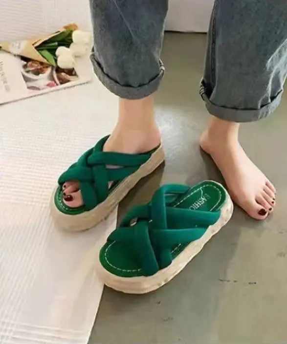 Green Slide Sandals Platform Boho Splicing Cross Strap Peep Toe Ada Fashion