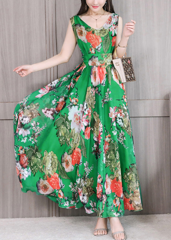 Green Slim Chiffon Maxi Dress Sleeveless LY1716 - fabuloryshop