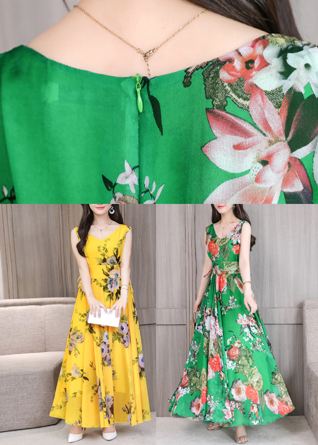 Green Slim Chiffon Maxi Dress Sleeveless LY1716 - fabuloryshop