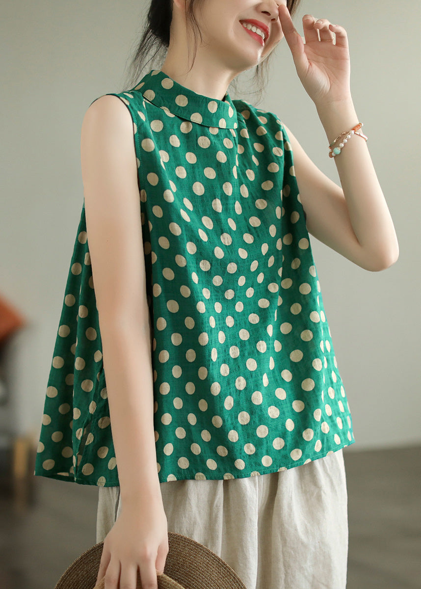 Green Stand Collar Dot Cotton Top Sleeveless LY6990 Ada Fashion