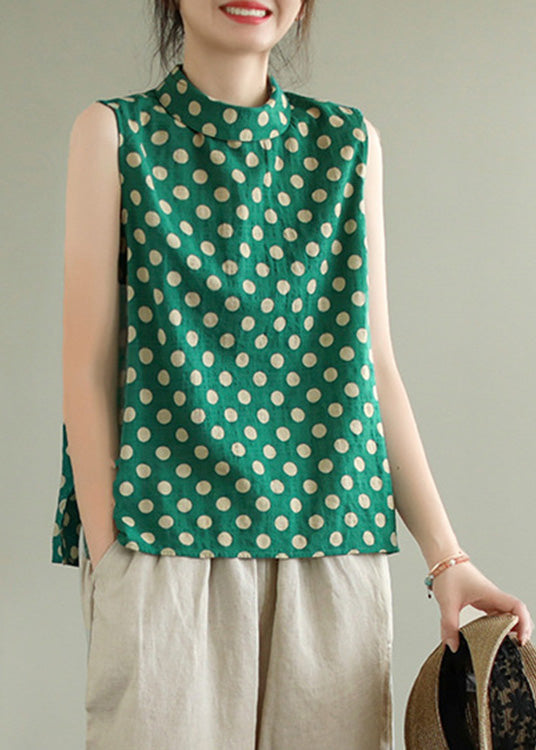 Green Stand Collar Dot Cotton Top Sleeveless LY6990 Ada Fashion